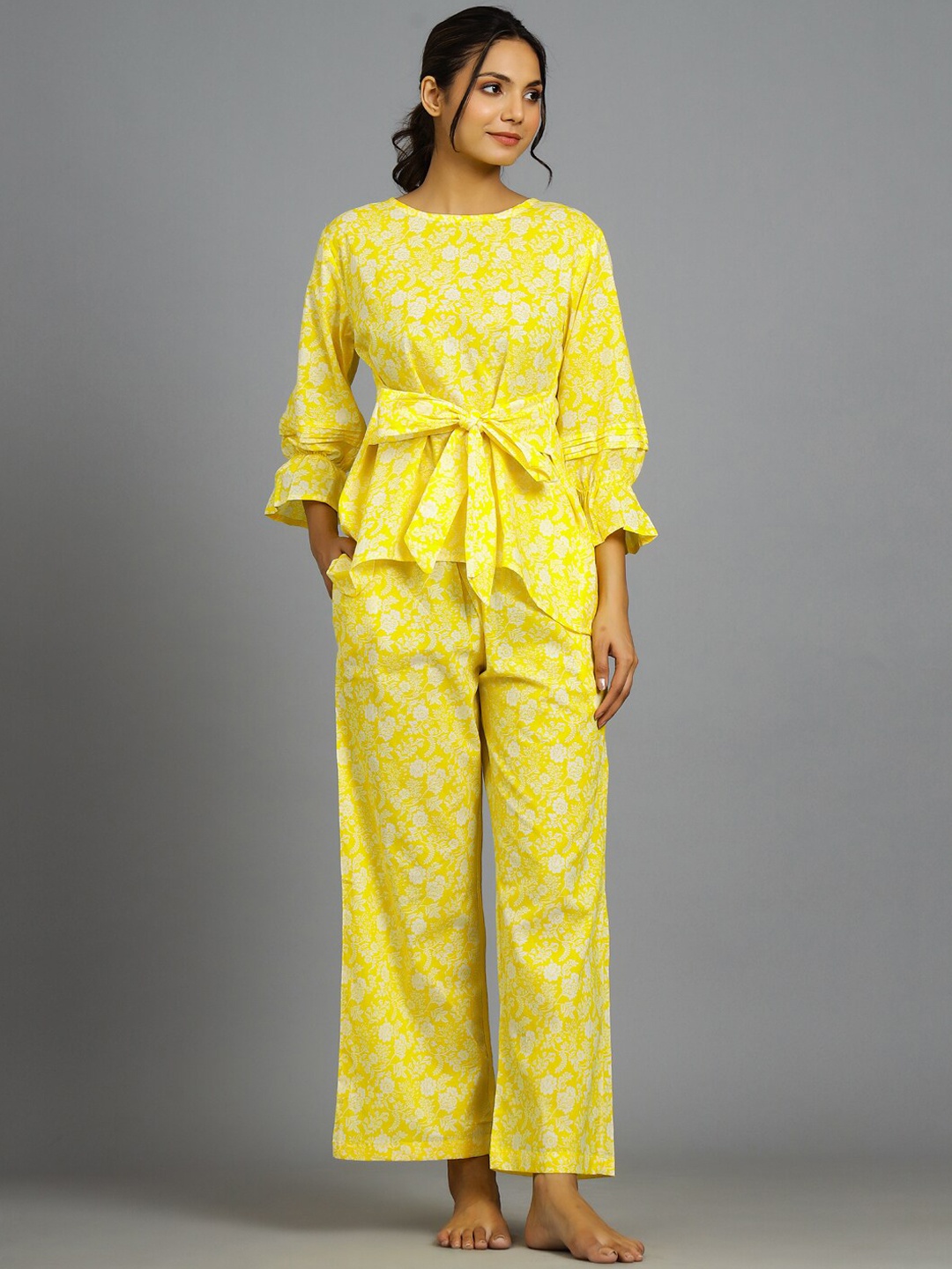 

HANDICRAFT PALACE Floral Printed Pure Cotton Night Suit, Yellow