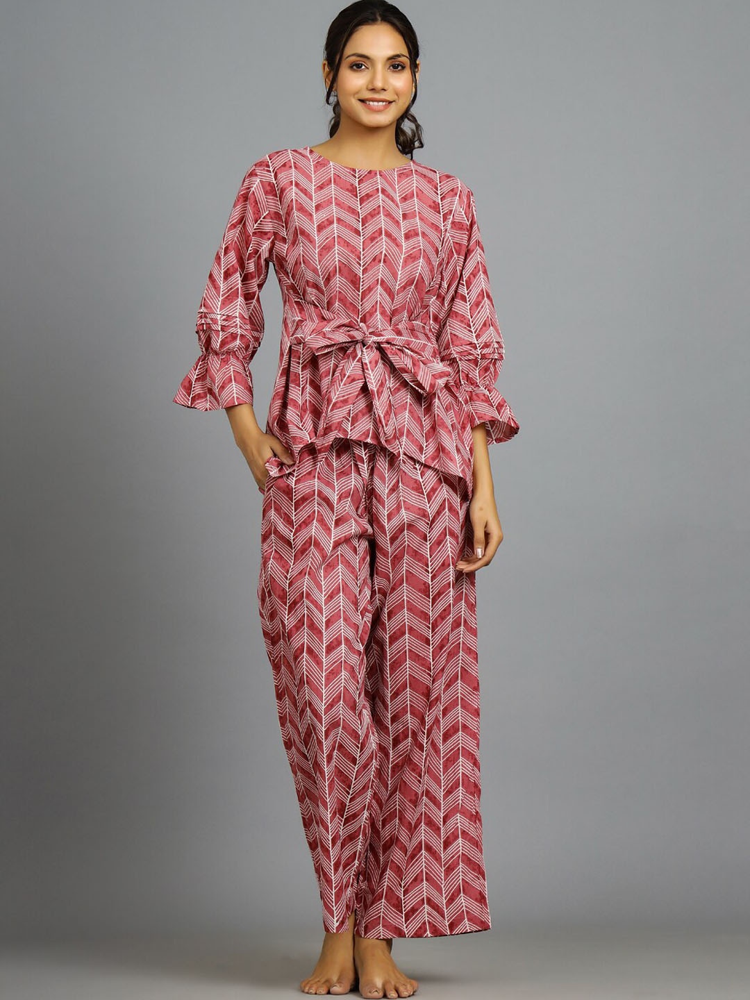 

HANDICRAFT PALACE Geometric Printed Pure Cotton Night Suit, Maroon