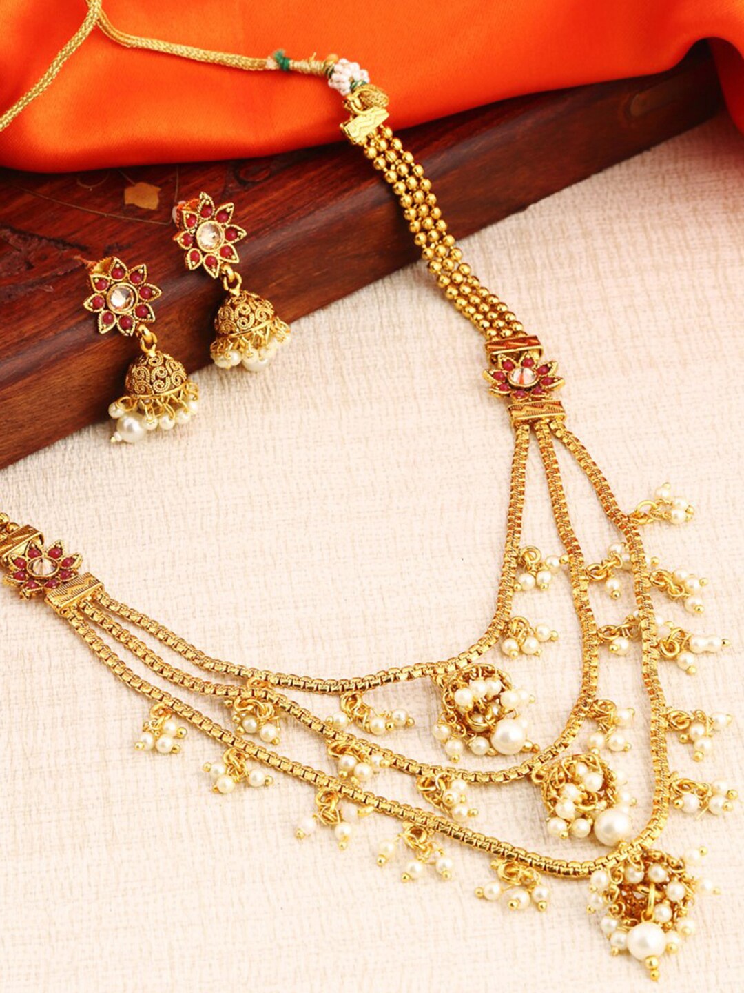 

Sukkhi Gold-Plated Stone-Studded Beaded Necklace & Earring Set