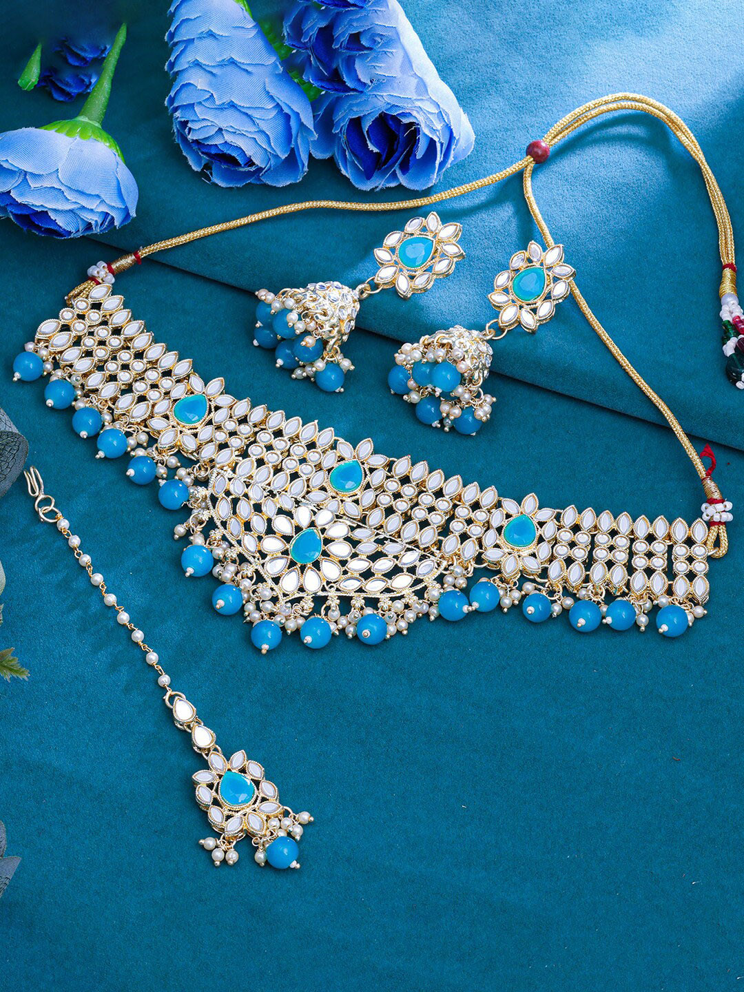

Sukkhi Gold-Plated Kundan Studded & Beaded Necklace & Earrings Set With Maang Tika