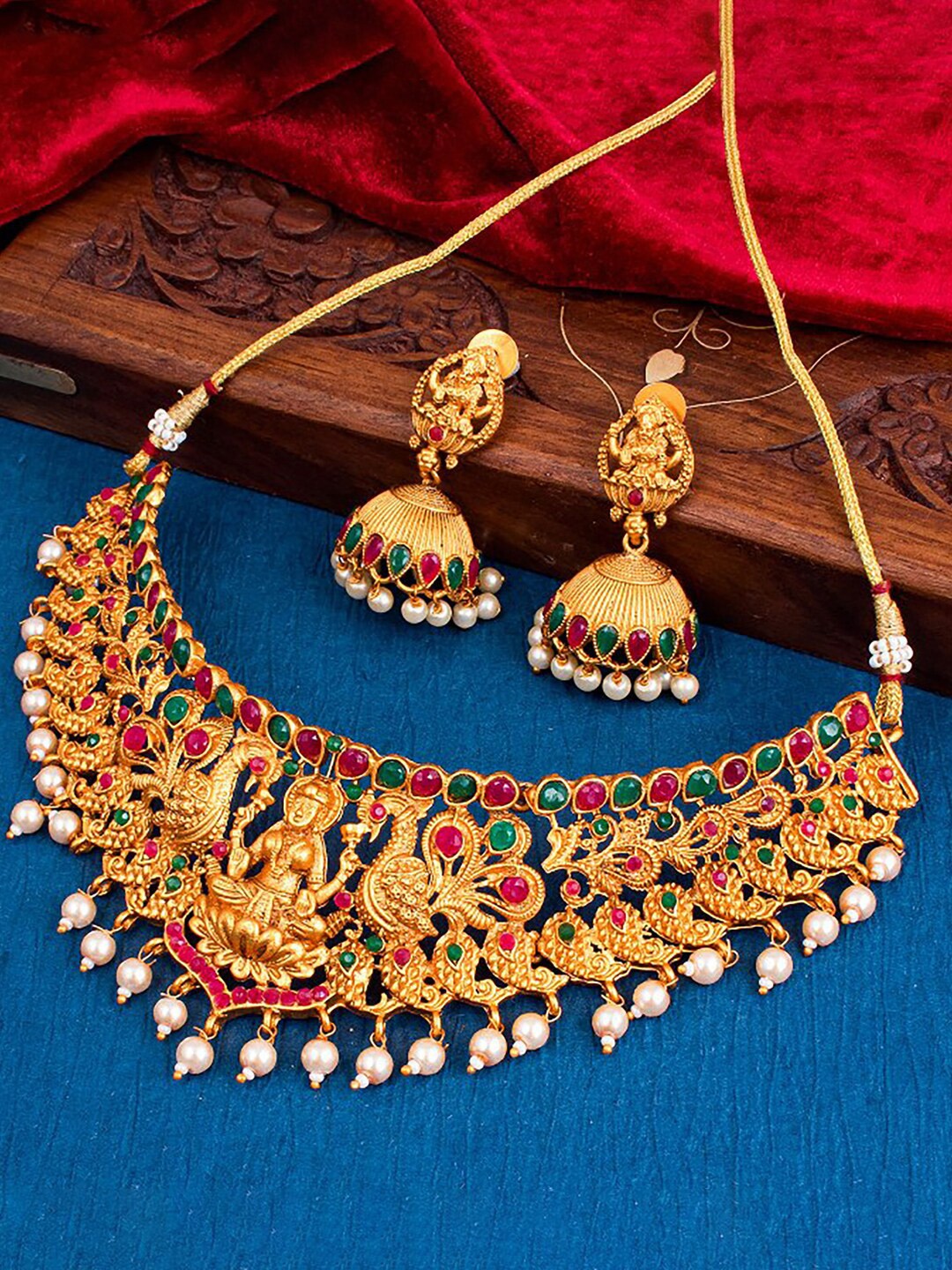 

Sukkhi Gold-Plated Stone Studded & Pearls Beaded Temple Jewellery Set