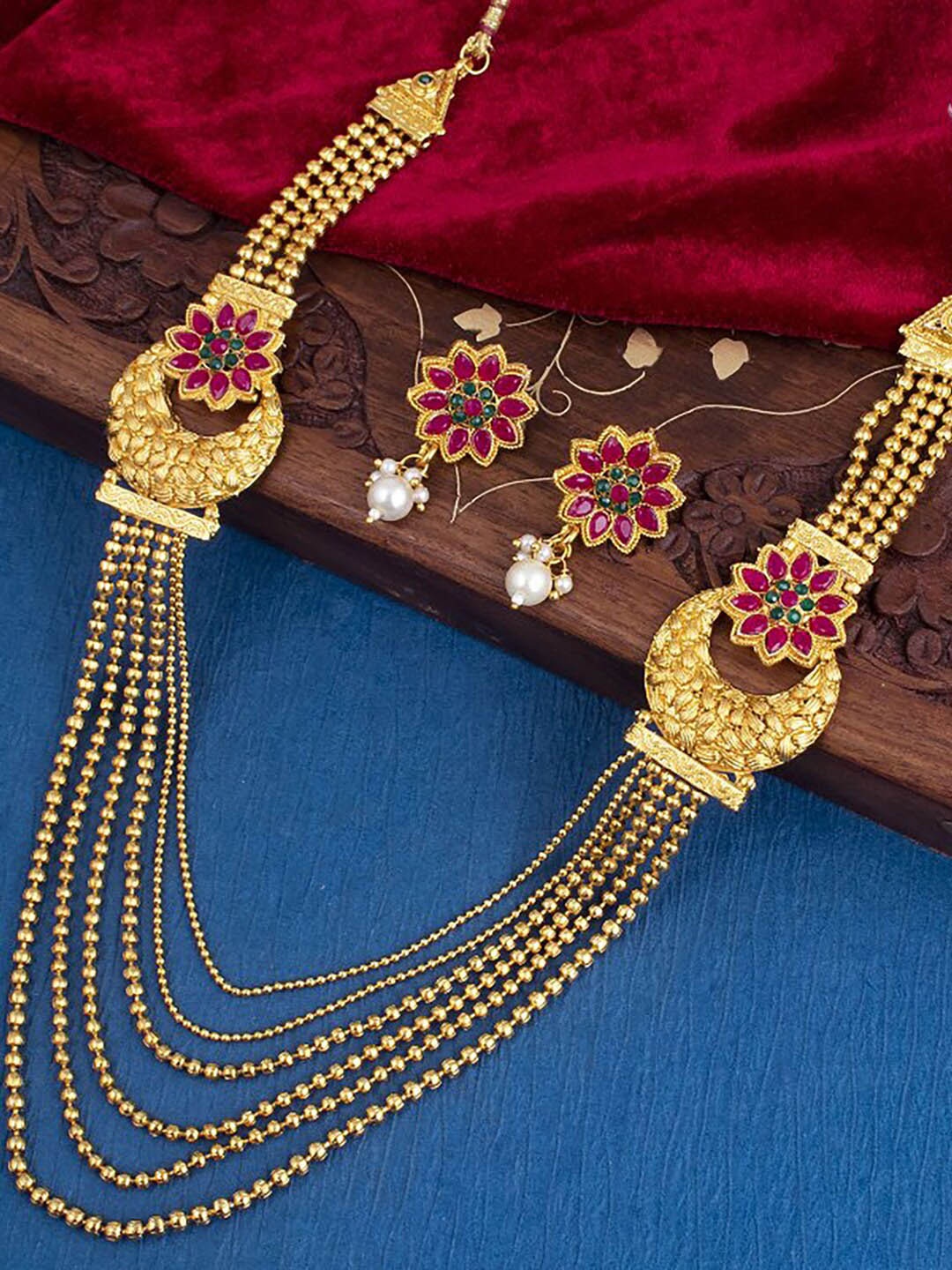 

Sukkhi Gold-Plated Stone-Studded & Beaded Layered Necklace & Earrings Set