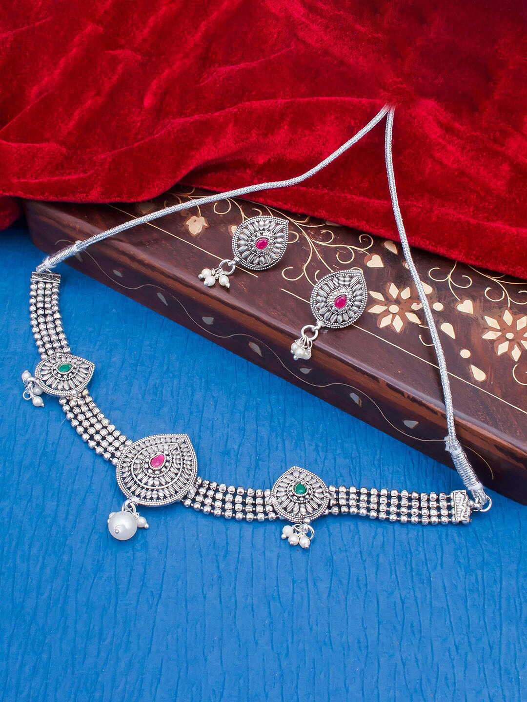

Sukkhi Silver-Plated Oxidised Stone Studded & Beaded Jewellery Set
