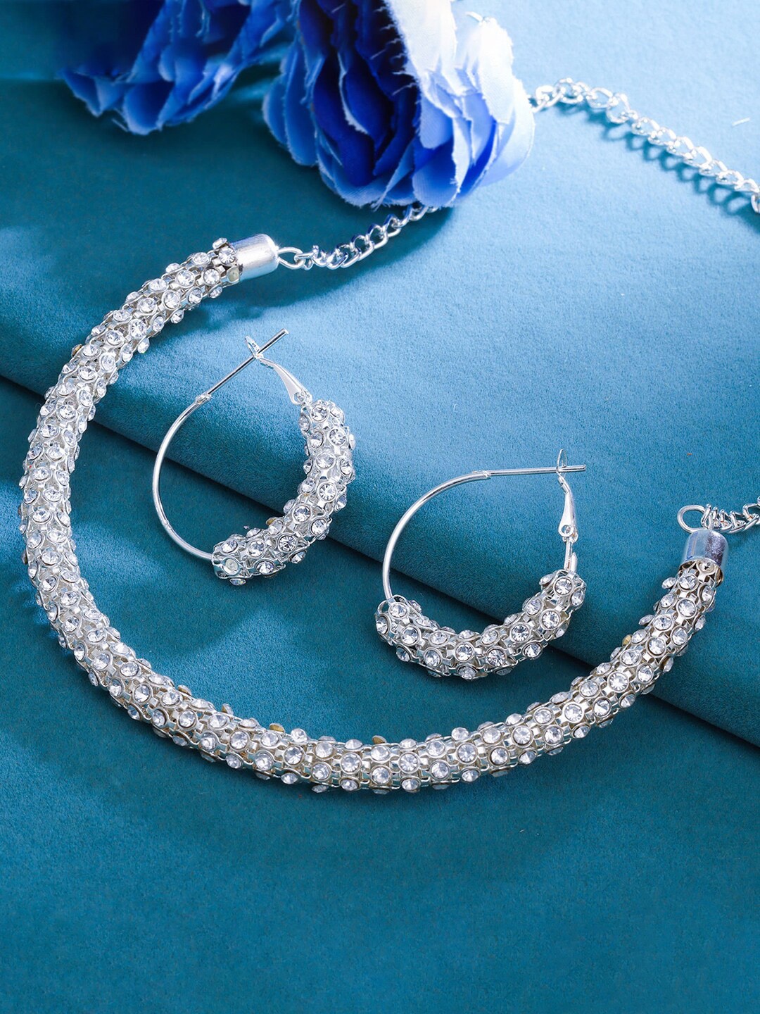 

Sukkhi Rhodium-Plated Stone-Studded Jewellery Set, Silver