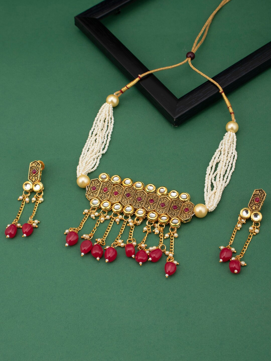 

Sukkhi Gold-Plated Kundan-Studded & Beaded Necklace & Earrings Set