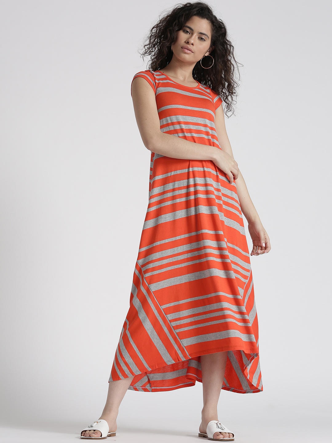 

Chemistry Women Orange & Grey Melange Striped Maxi Dress
