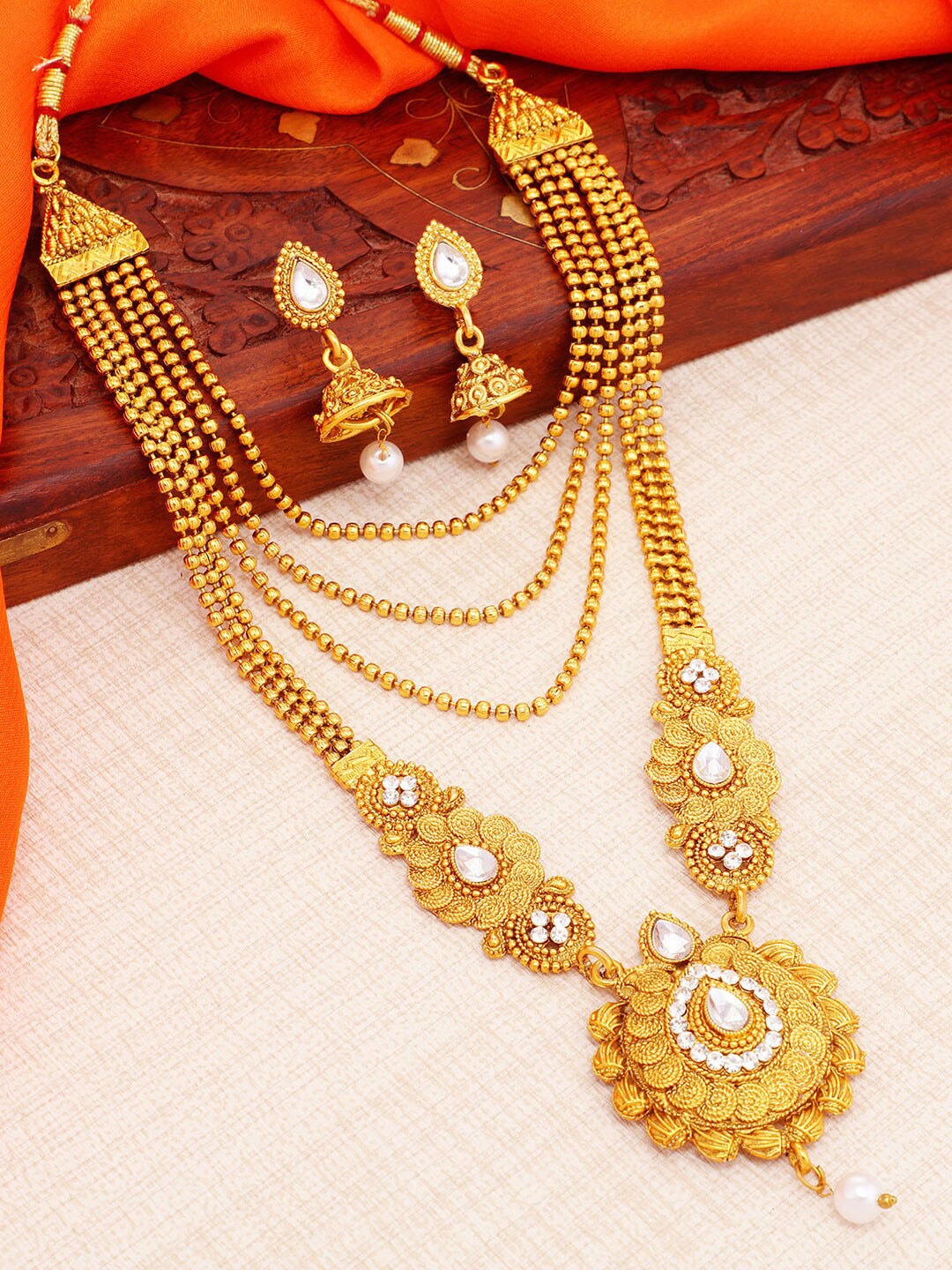 

Sukkhi Gold-Plated Kundan-Studded & Pearl Beaded Long Jewellery Set