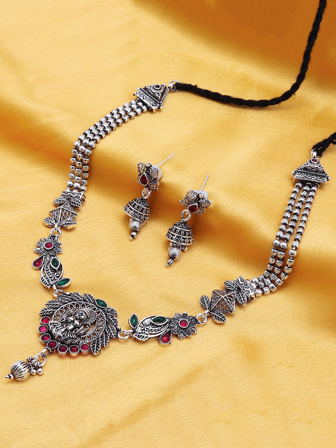 

Sukkhi Gold-Plated Stone-Studded & Beaded Oxidised Necklace & Earrings Set, Silver
