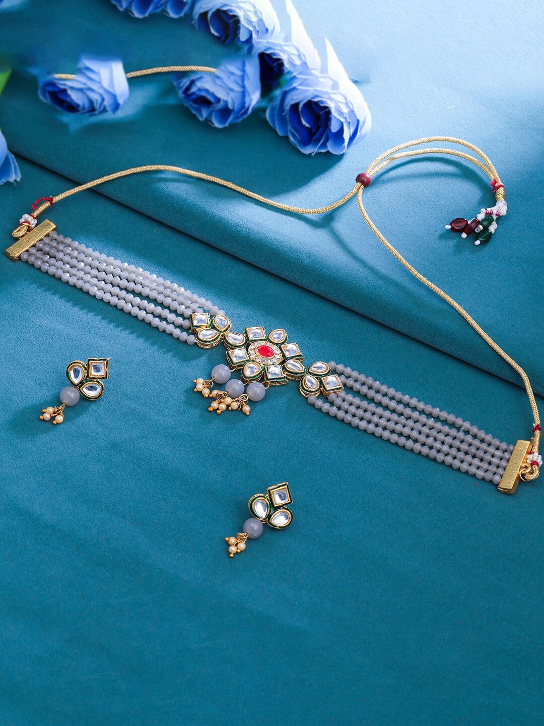 

Sukkhi Gold-Plated Kundan & Stone-Studded Pearl-Beaded Jewellery Set, Grey