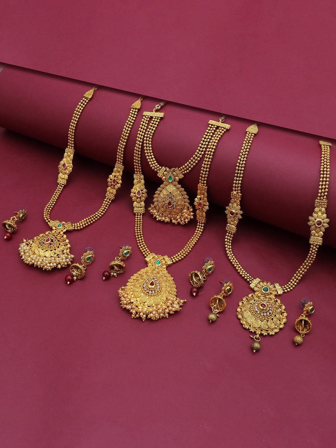 

Sukkhi Set Of 3 Gold-Plated Stone-Studded Necklace & Earrings Set