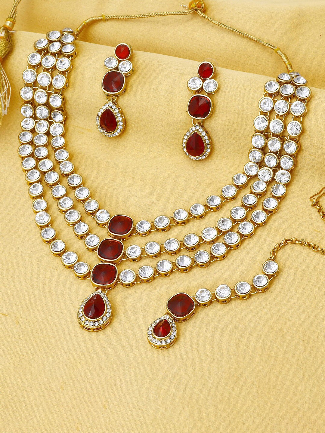 

Sukkhi Gold-Plated Layered Kundan-Studded Necklace & Earrings Set With Maangtika