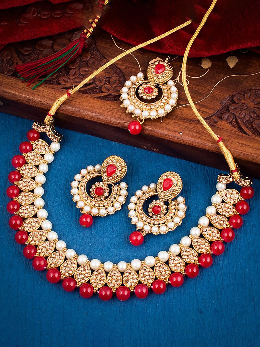 

Sukkhi Gold-Plated Stone Studded & Beaded Jewellery Set, Red
