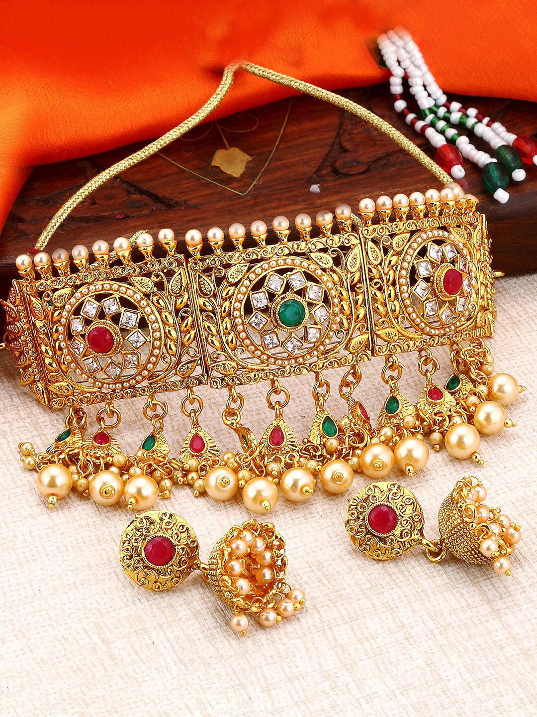 

Sukkhi Gold-Plated Stone-Studded & Beaded Necklace and Earrings