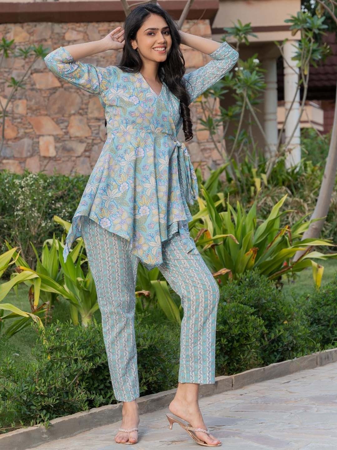 

HOUSE OF JAMOTI Floral Printed Pure Cotton Tunic with Trouser Co-Ords, Turquoise blue