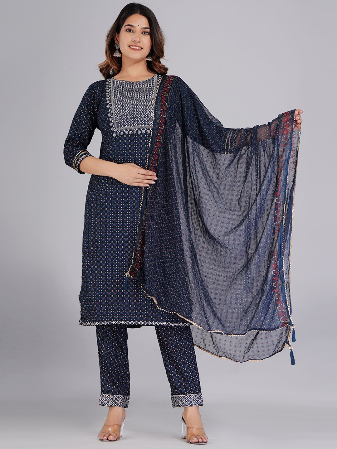 

KALINI Ethnic Motifs Printed Mirror Work Kurta With Trousers & Dupatta, Blue