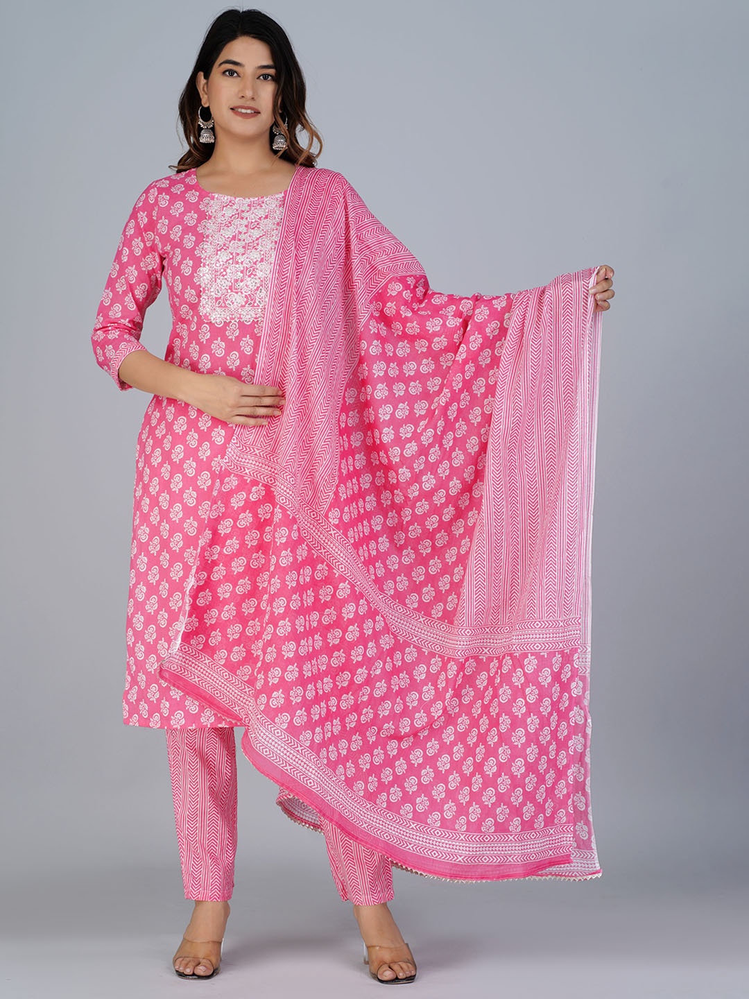 

KALINI Floral Printed Thread Work Pure Cotton Kurta With Trousers & Dupatta, Pink