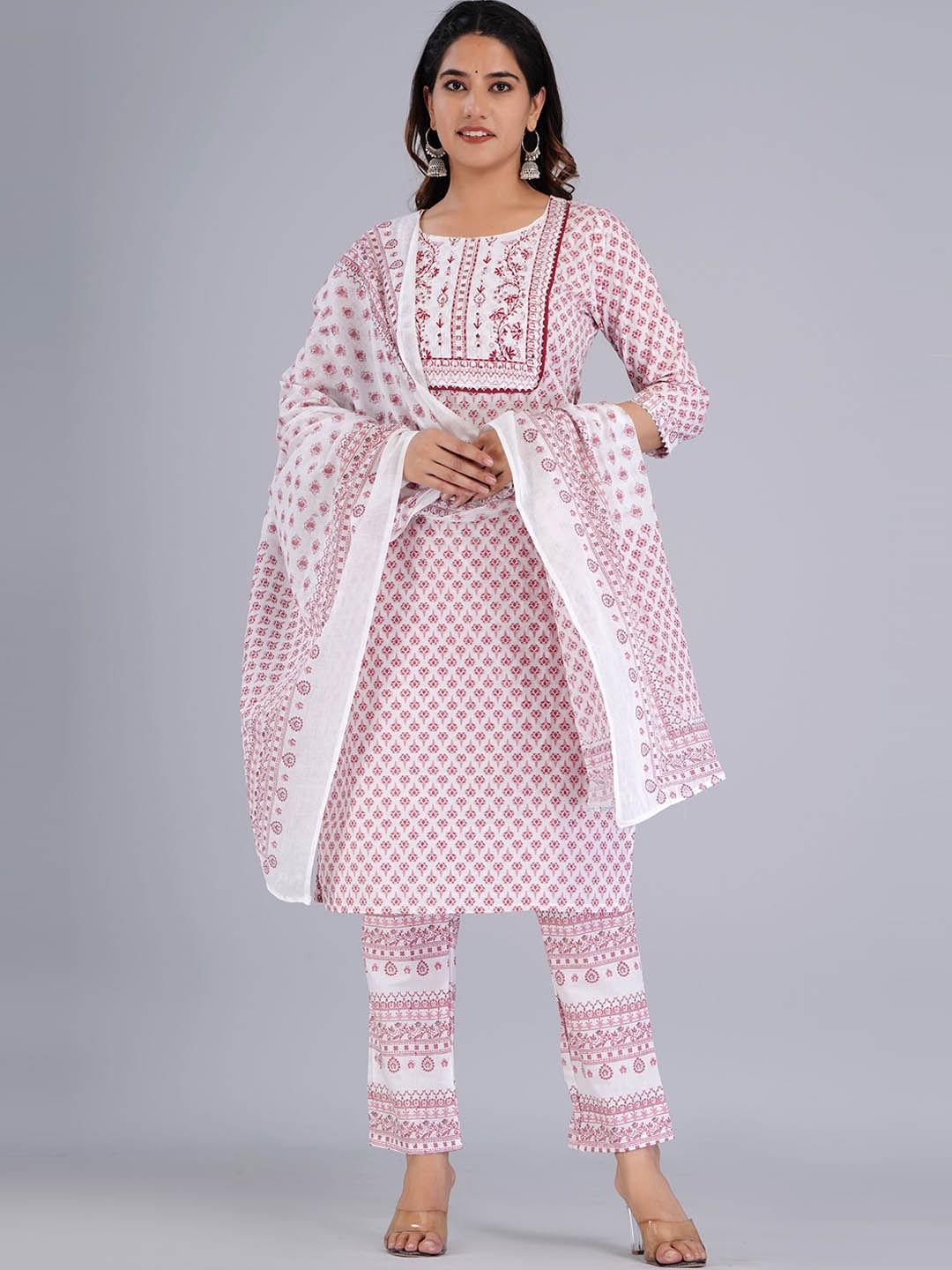 

KALINI Ethnic Motifs Printed Sequinned Pure Cotton Kurta with Trousers & With Dupatta, White