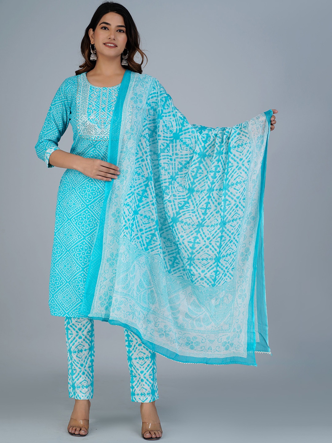 

KALINI Bandhani Printed Sequined Pure Cotton Kurta with Trousers & Dupatta, Turquoise blue