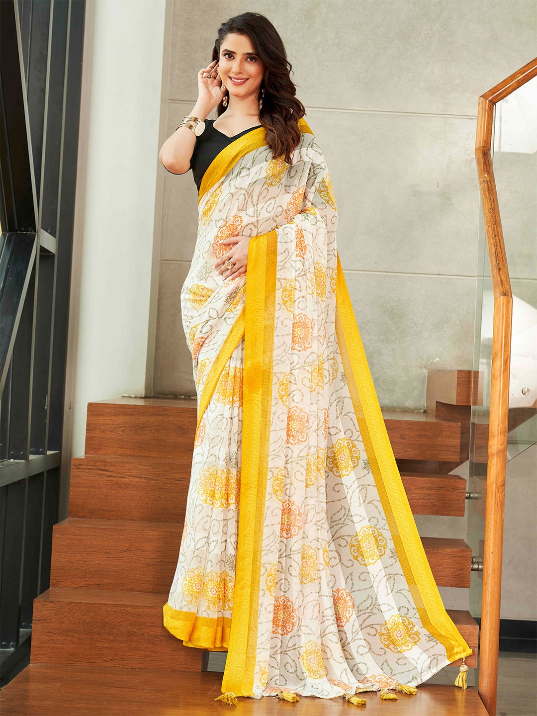 

Tikhi Imli White & Yellow Floral Printed Satin Saree