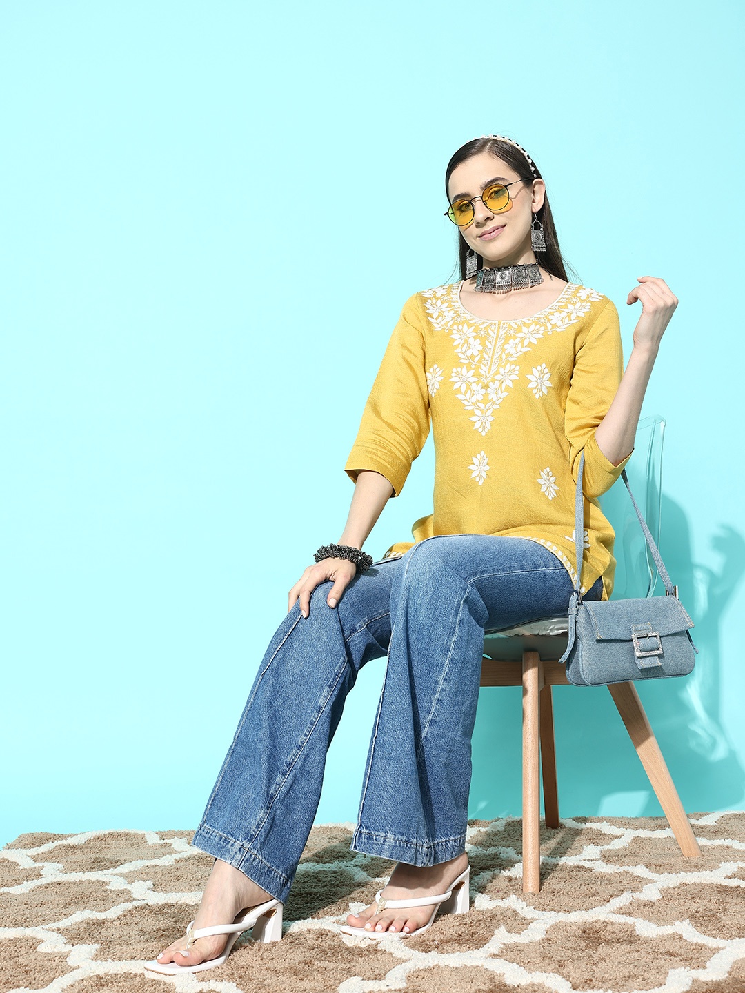 

Kvsfab Floral Chikankari Embroidered Top, Yellow