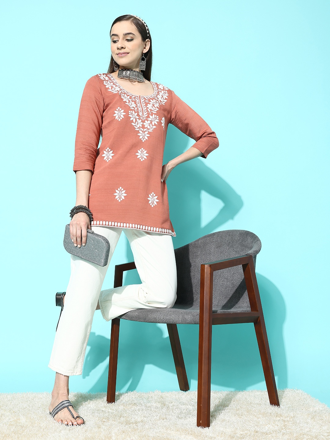 

Kvsfab Floral Chikankari Embroidered Top, Rust