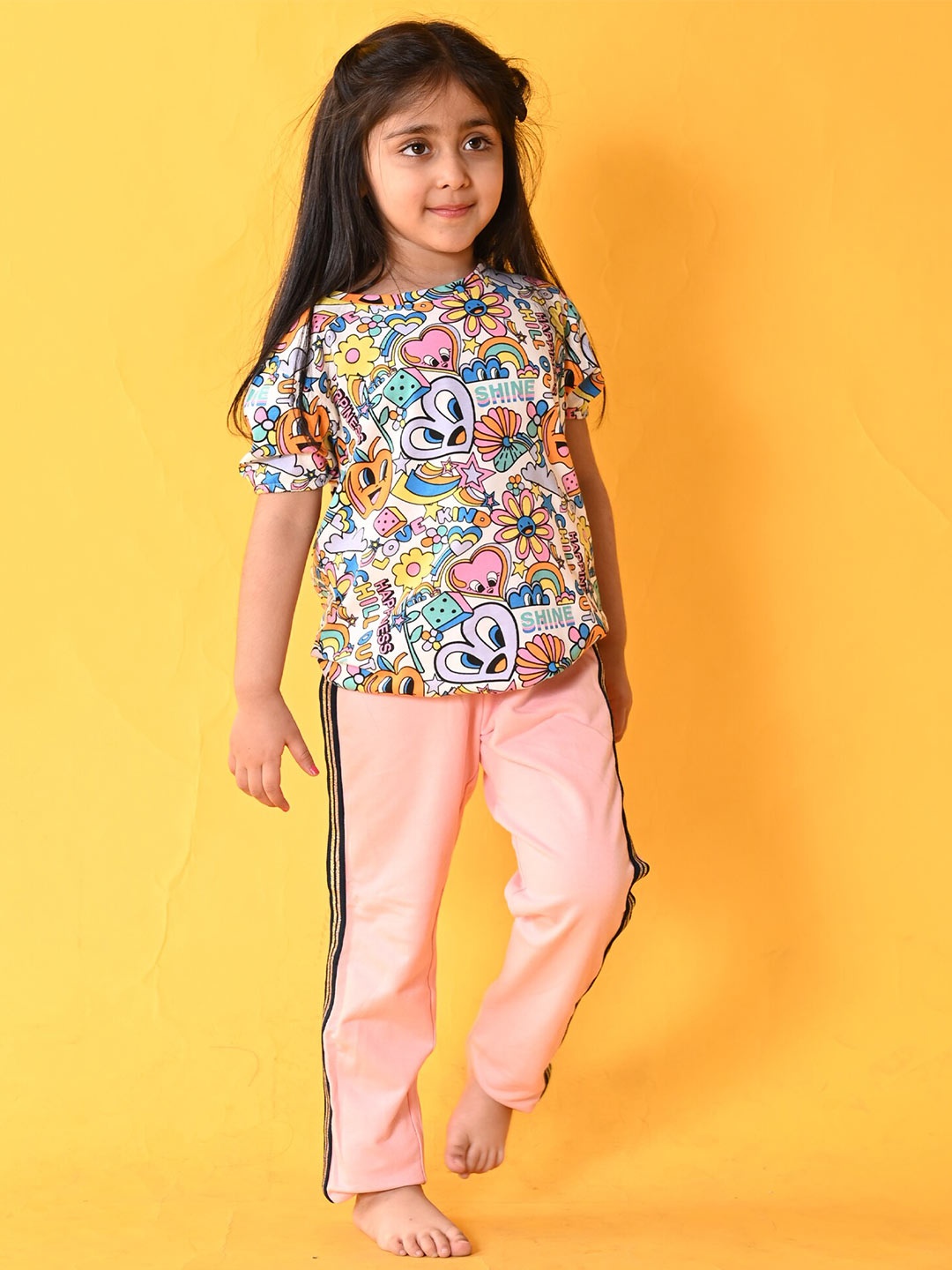 

Anthrilo Girls Printed Pure Cotton T-shirt with Trousers Clothing Set, White