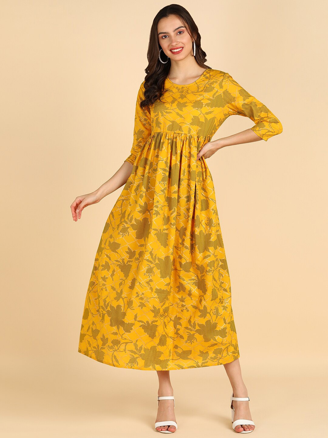 

ZNX Clothing Yellow Floral Print A-Line Midi Dress