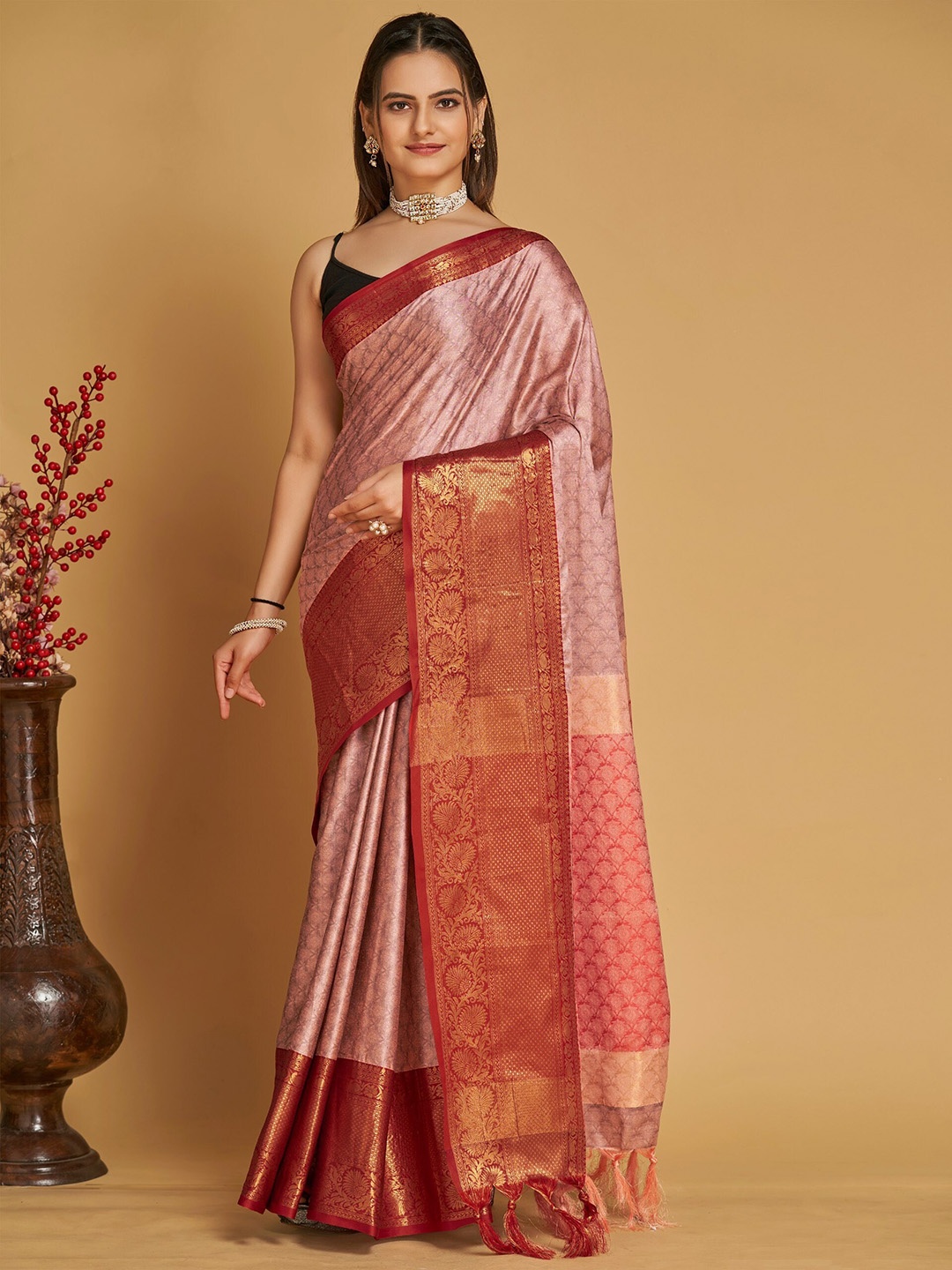 

Mitera Peach-Coloured & Red Ethnic Motifs Woven Design Zari Silk Cotton Banarasi Saree