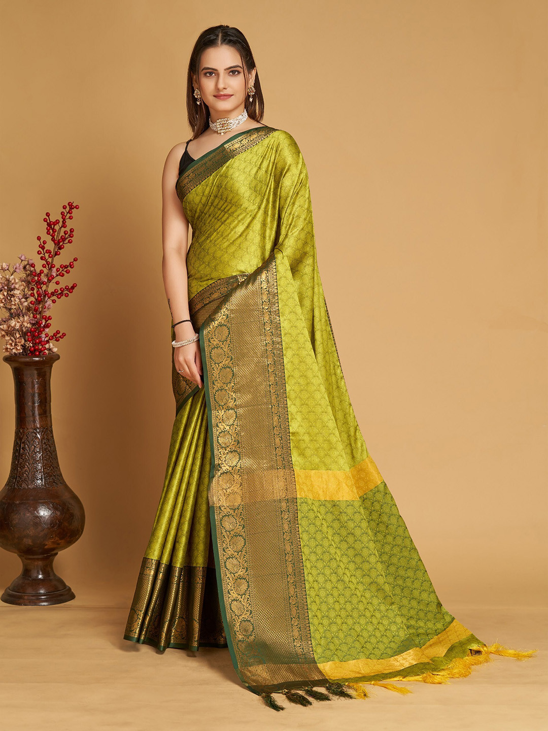 

Mitera Olive Green & Gold-Toned Ethnic Motifs Woven Design Zari Silk Cotton Banarasi Saree