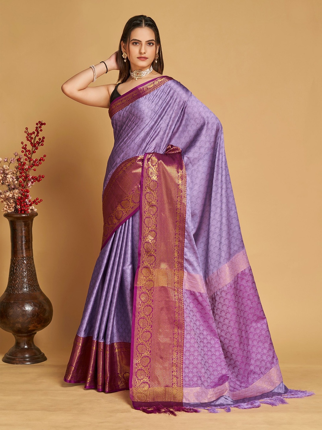 

Mitera Purple & Pink Ethnic Motifs Woven Design Zari Silk Cotton Banarasi Saree