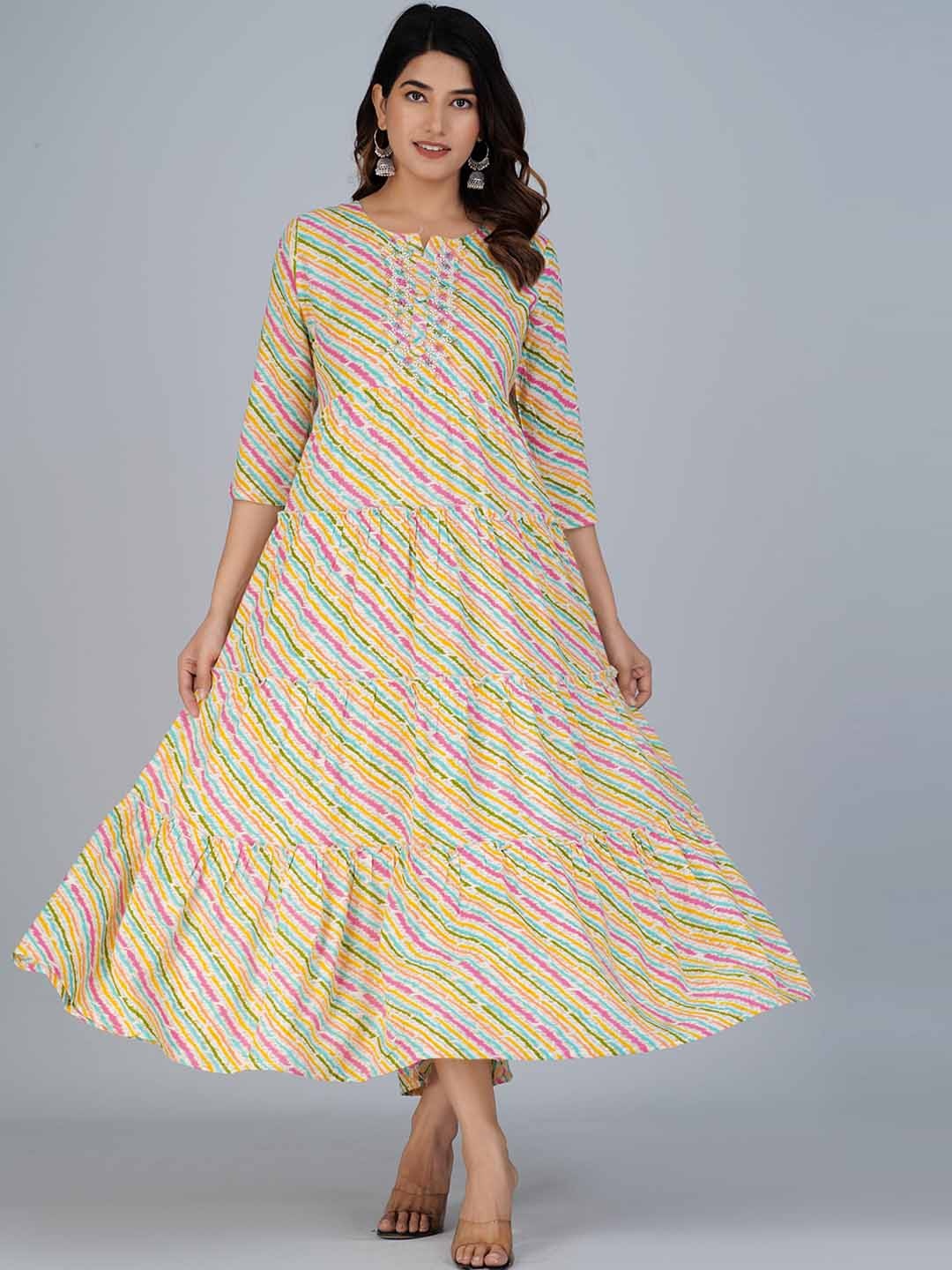 

KALINI Striped Embellished Tiered Ethnic Dress, Yellow