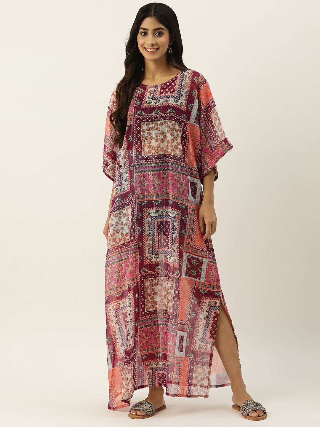 

Secret Wish Ethnic Motifs Printed Flared Sleeves Maxi Beachwear Cover-Up Dress, Maroon