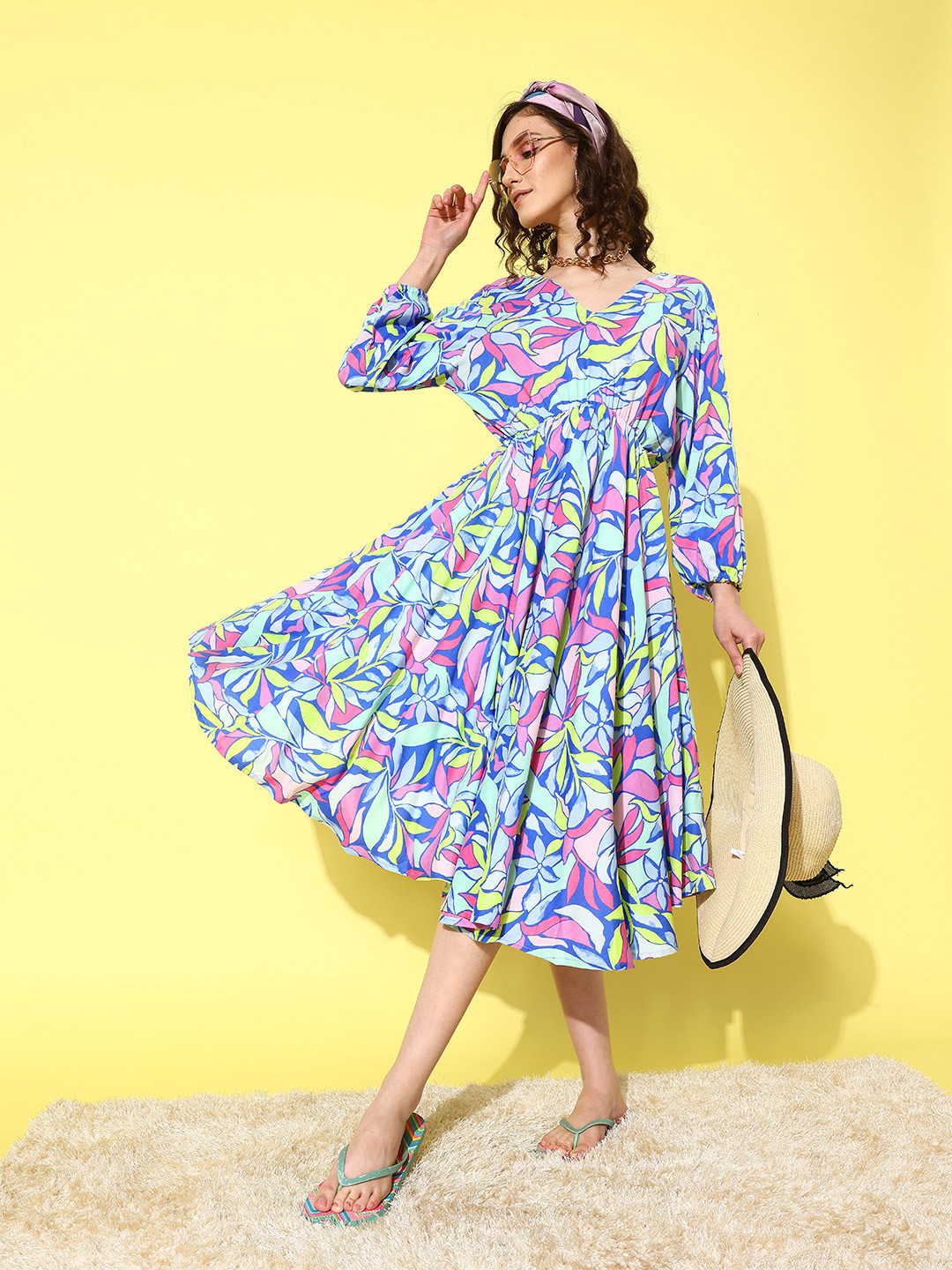 

Secret Wish A-Line Puff Sleeves Midi Beachwear Cover-Up Dress, Blue
