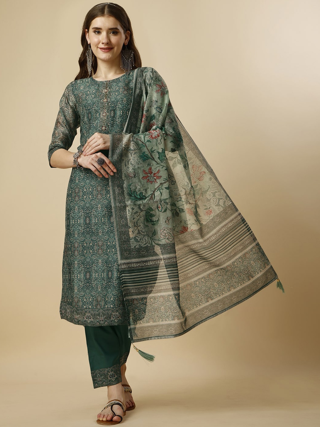 

Berrylicious Ethnic Motifs Printed Chanderi Cotton Kurta With Trousers & Dupatta, Green