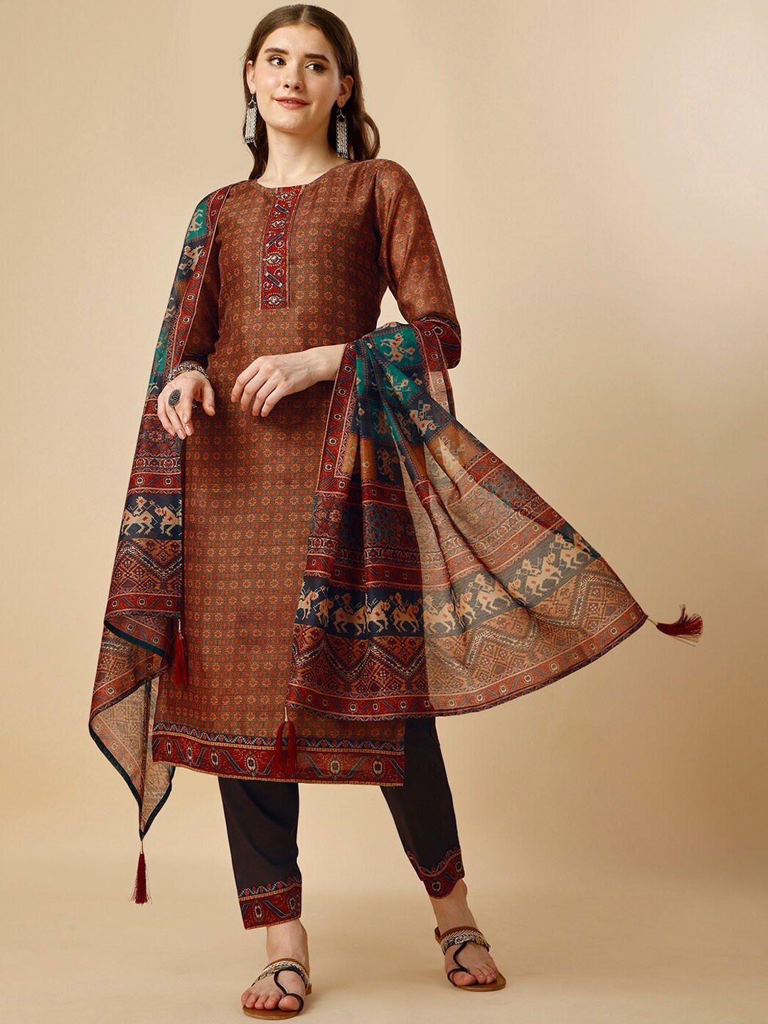 

Berrylicious Floral Printed Chanderi Cotton Kurta With Trousers & Dupatta, Brown