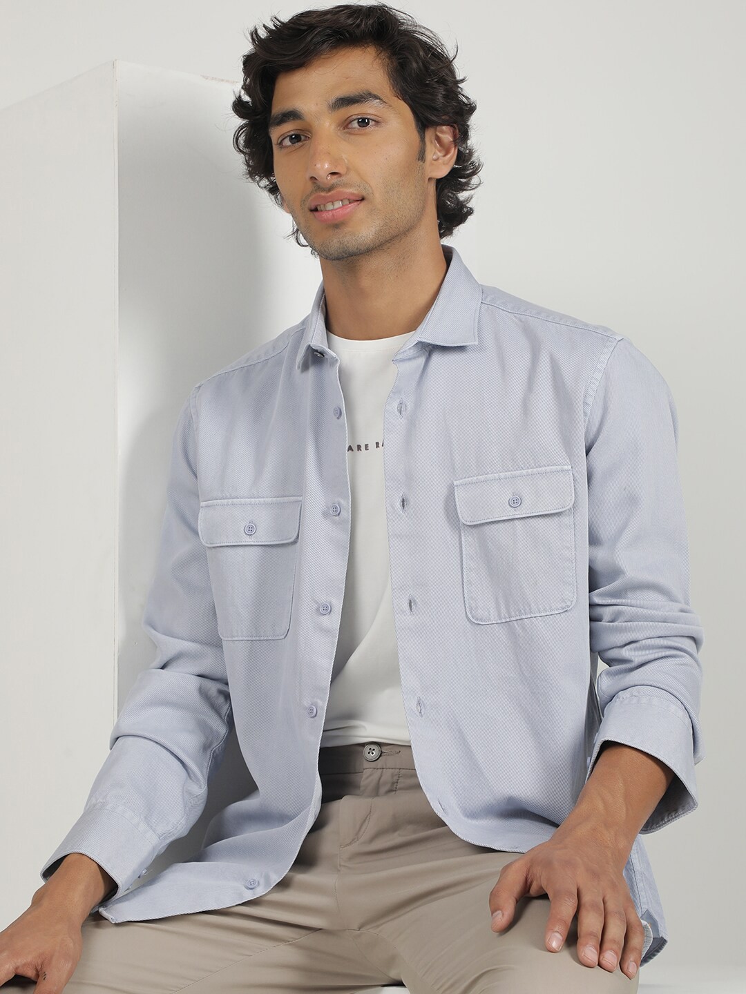 

RARE RABBIT Spread Collar Cotton Casual Twill Shirt, Blue