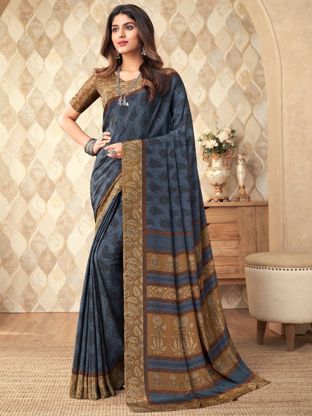 

Kasak Orange Paisley Printed Pure Crepe Saree, Blue