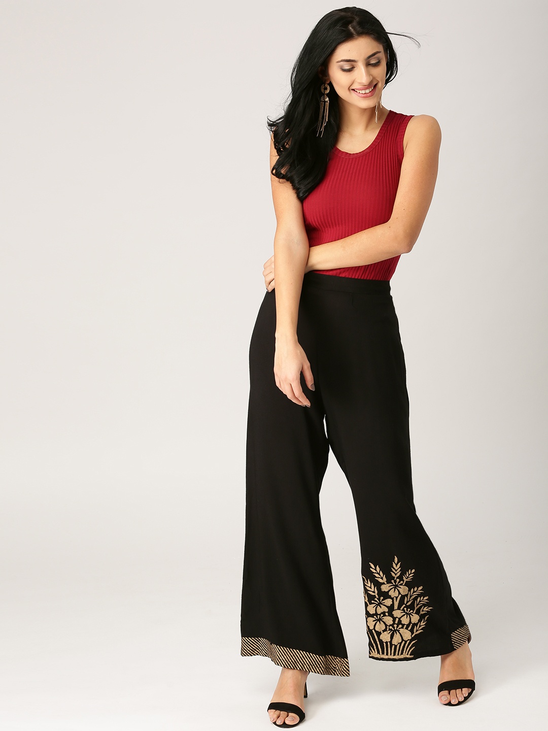 

Aum Women Black Hand Block Print Detail Wide Leg Palazzos