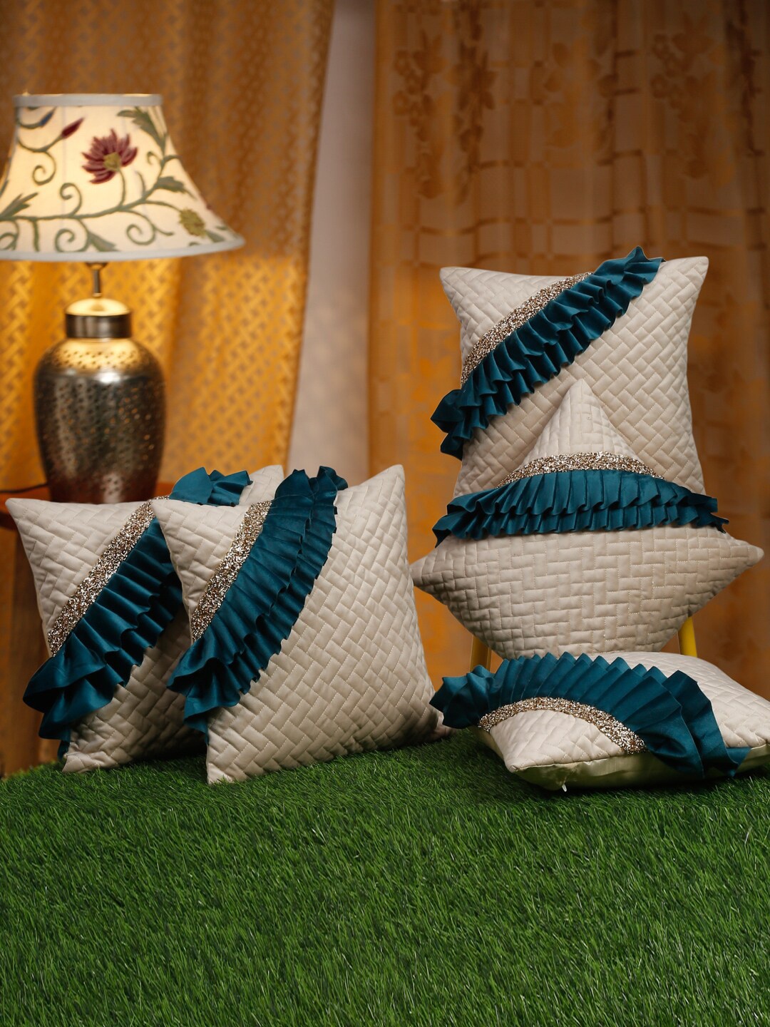 

HOSTA HOMES White & Teal 5 Pieces Embellished Square Cushion Covers