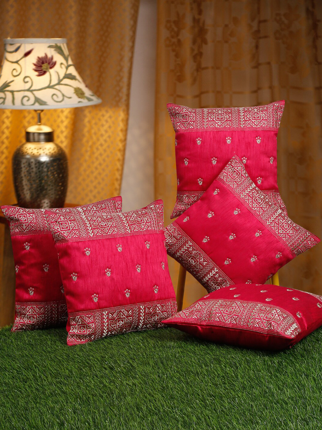 

HOSTA HOMES Pink & Gold-Toned 5 Pieces Ethnic Motifs Square Cushion Covers