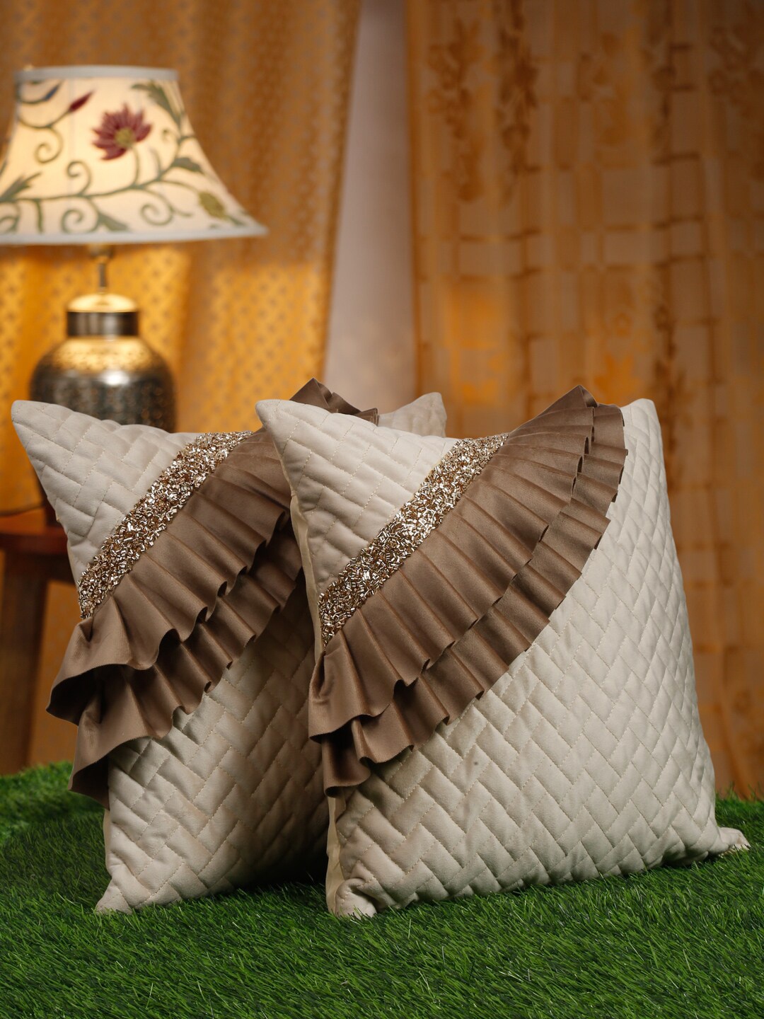 

HOSTA HOMES Cream-Coloured & Brown 2 Pieces Embellished Square Cushion Covers