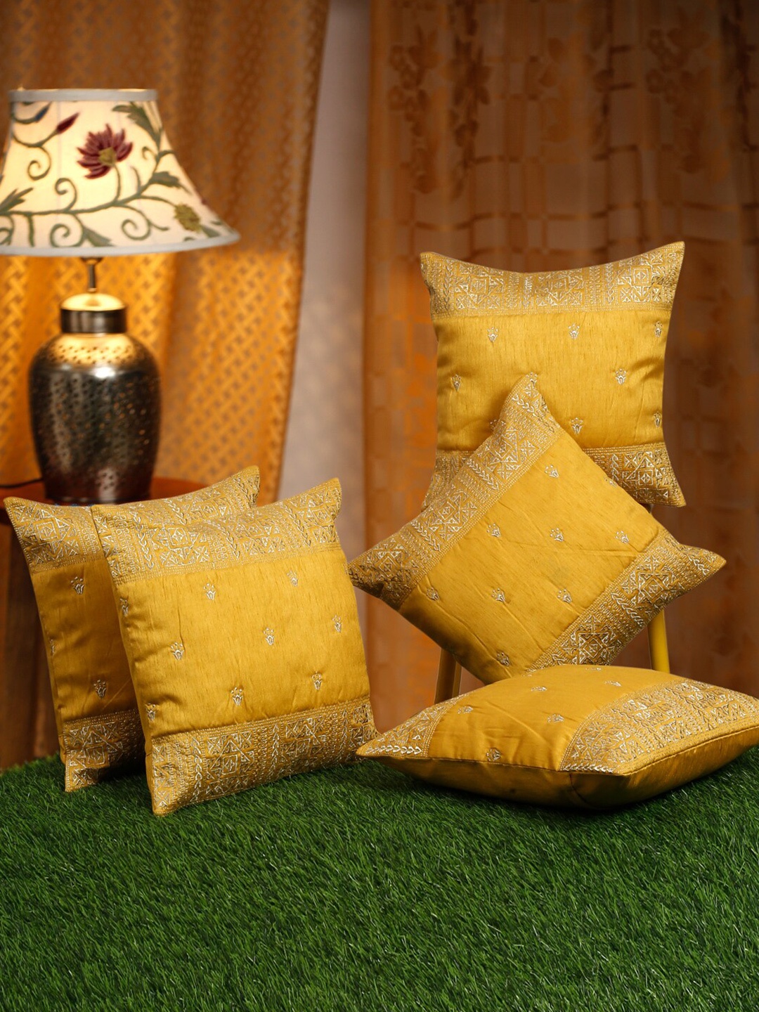 

HOSTA HOMES Yellow & Silver-Toned 5 Pieces Embroidered Square Cushion Covers