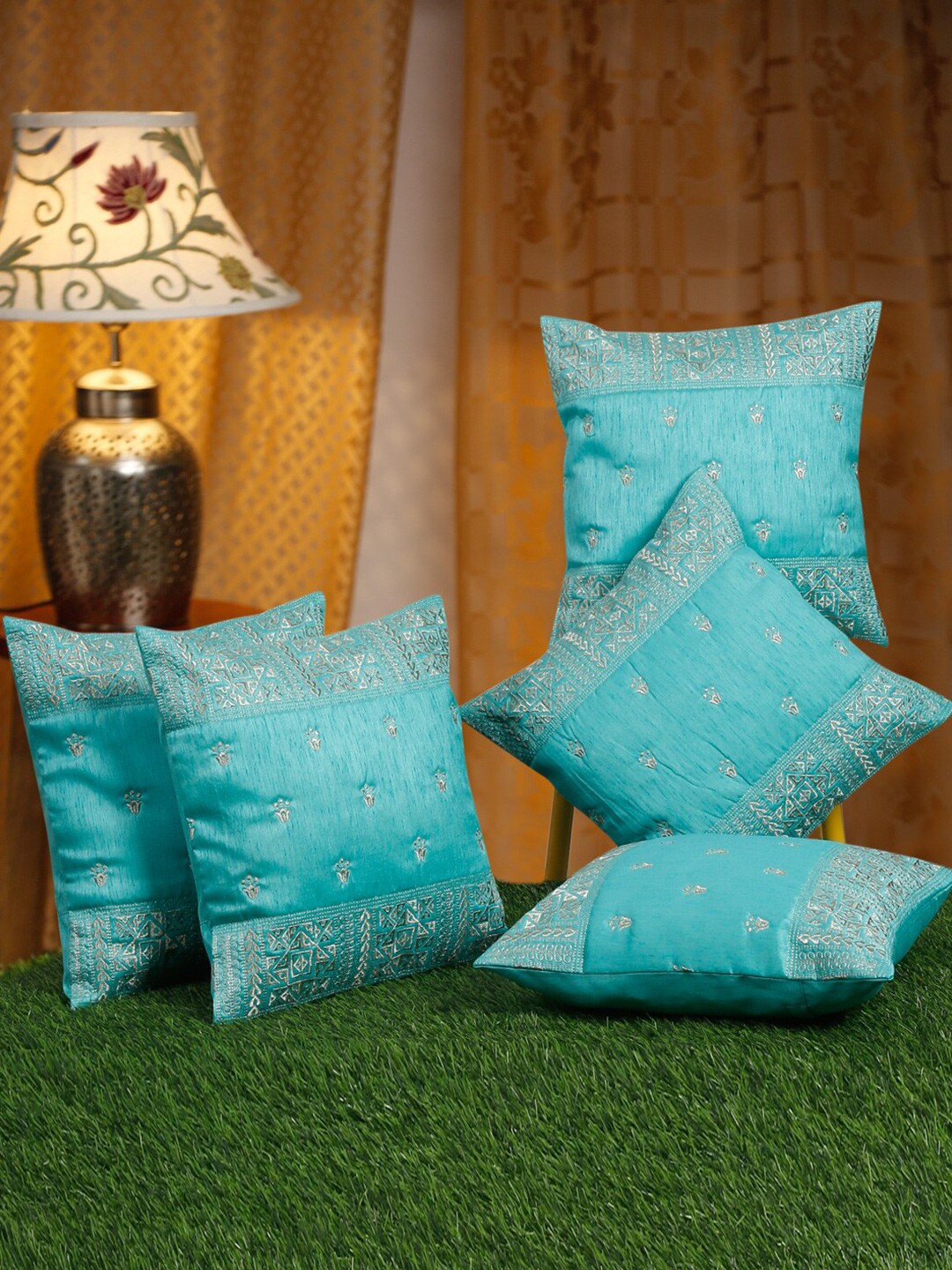 

HOSTA HOMES Blue & Silver-Toned 5 Pieces Embroidered Silk Square Cushion Covers