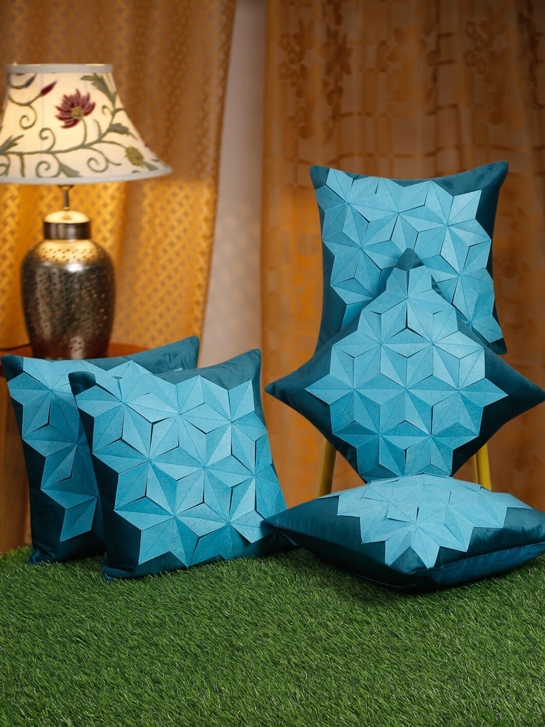 

HOSTA HOMES Blue 5 Pieces Geometric Velvet Square Cushion Covers
