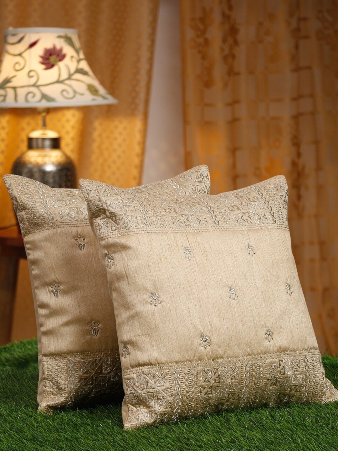 

HOSTA HOMES Gold-Toned & Silver-Toned 2 Pieces Ethnic Motifs Square Cushion Covers