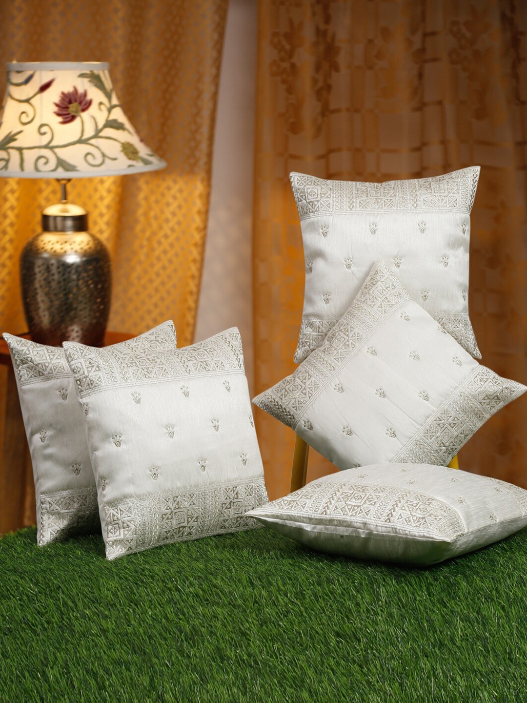 

HOSTA HOMES White & Silver-Toned 5 Pieces Embroidered Square Cushion Covers