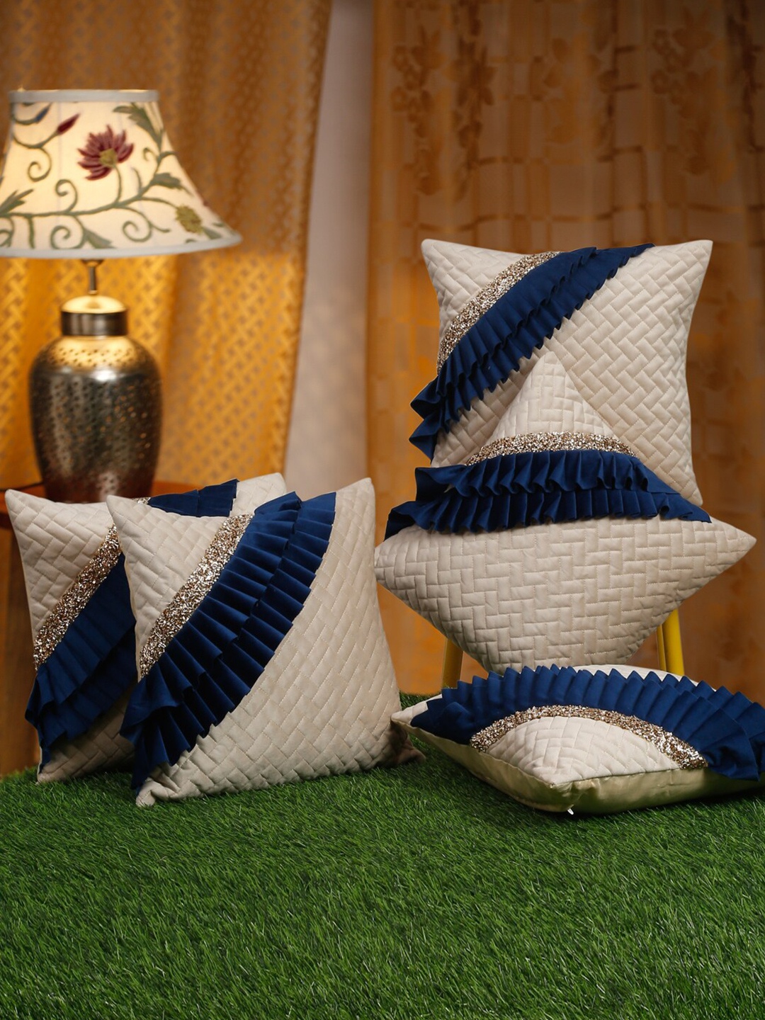 

HOSTA HOMES Off White & Navy Blue 5 Pieces Geometric Square Cushion Covers