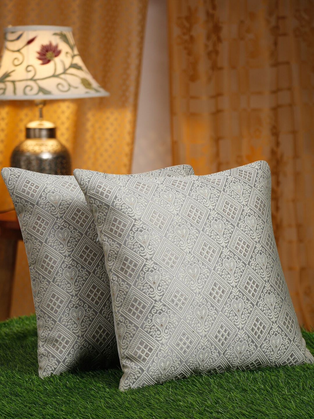 

HOSTA HOMES Grey & Gold-Toned 2 Pieces Embroidered Square Cushion Covers