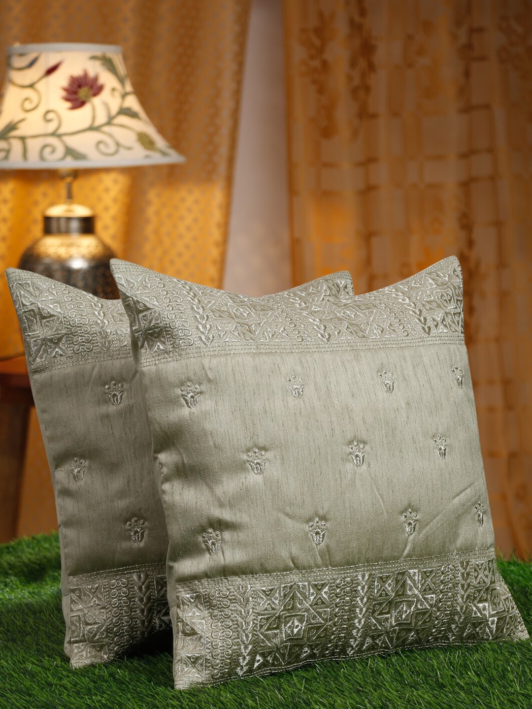 

HOSTA HOMES Green & Silver-Toned 2 Pieces Embroidered Square Cushion Covers