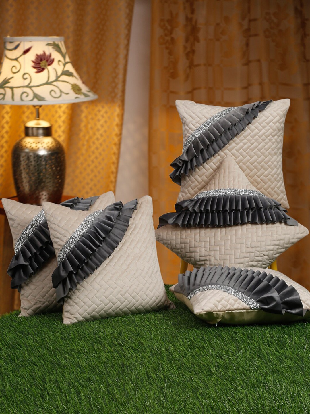 

HOSTA HOMES Off White & Grey 5 Pieces Geometric Square Cushion Covers